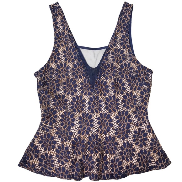 ASTR Blue & Gold Lace Peplum Top - Picture 2 of 10
